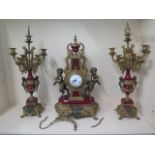 An Imperial gilt metal and enamel Roccoco style clock garniture set, 69cm tall, not currently