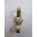 An 18ct yellow gold manual wind ladies wristwatch on a plated strap, not working, total weight