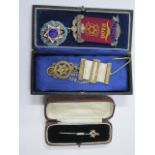 A silver enamel RAOB medal, a silver masonic medal and a gilt masonic pin