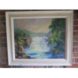 An acrylic oil on canvas of a waterfall in whitened frame, 79cm x 95cm