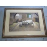 Paul Dawson watercolour, Sheep in a barn, in a gilt frame, 70cm x 91cm, in good condition
