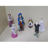 Four Crown Staffordshire figures and 2 others, all good apart from Captain Hook, cracks to base