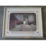 Paul Dawson watercolour, Kittens in a barn, in a distressed silver frame, 54cm x 67cm, marks to