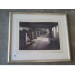 Paul Dawson watercolour, Cow stalls in a barn, in a distressed silver frame, 68cm x 57cm, good