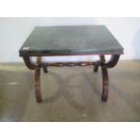 A Regency style green marble top mahogany cross frame stand in sturdy condition, marble good, 46cm
