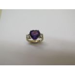 A 9ct yellow gold heart shaped amethyst and diamond ring, approx 0.45ct of diamonds, hallmarked,