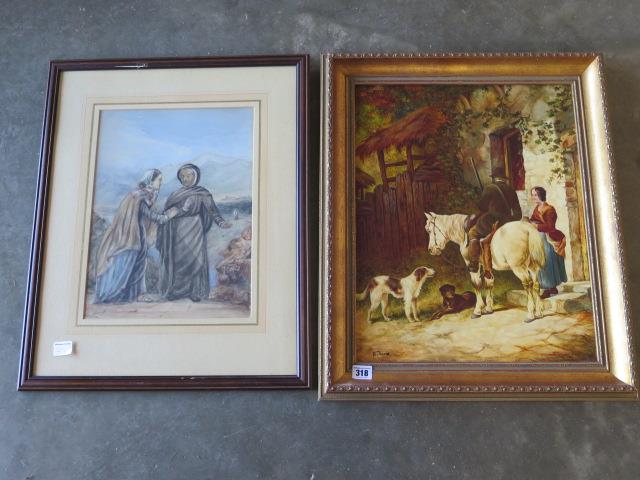 A 19th century style oil on board in a gilt frame, 60cm x 50cm and a watercolour of a religious