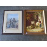 A 19th century style oil on board in a gilt frame, 60cm x 50cm and a watercolour of a religious