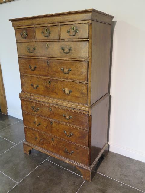 A George 1st walnut chest on chest with three small drawers, over a brushing slide and three further - Image 2 of 12