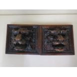 A pair of well carved 18/19th century oak lions head mounts, 19cm x 21cm x 12cm, in good condition
