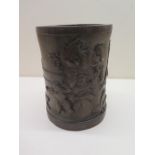A Chinese 19/20th century bamboo brush pot depicting children and animals at play, signature to