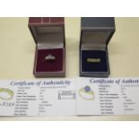 Two GTV 9ct yellow gold rings, blue sapphire and diamond, and green sapphire, both size N, approx