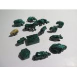 A collection of eleven malachite and one other animal figures and two malachite boxes, largest