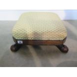A 19th century rosewood footstool recently reupholstered, 16cm tall x 42cm x 42cm