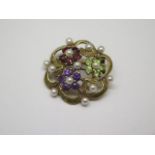 A 9ct yellow gold hallmarked Georg Jensen peridot amethyst and pearl brooch, marked GJLd, 6.8 grams,