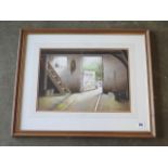 Paul Dawson watercolour, Geese in a barn, in an oak effect frame, 56cm x 68cm, in good condition