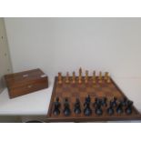 A weighted chess set and board, height of King 10.5cm, board 47cm x 47cm, all good apart from slight