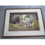 Paul Dawson watercolour, Sheep in a barn, in an oak effect frame, 66cm x 80cm, good condition with