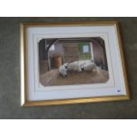 Paul Dawson watercolour, Sheep in a barn, in a distressed silver gilt frame, 56cm x 68cm, in good
