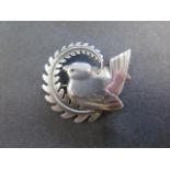 A Georg Jensen sterling silver robin brooch designed by Arno Malinowski, 50mm wide at widest part,