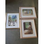 Paul Dawson three watercolours, Chairs with hats and violin, two in limed oak frames and one in a