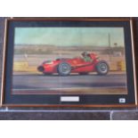 A print from a Roy Hockolds painting of Mike Hawthorn driving a Ferrari during the Moroccan Grand