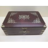 A Victorian rosewood white metal inlaid jewellery box, 10cm x 29cm x 20cm, lock not working