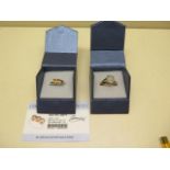 A GTV 9ct white gold zircon 3 stone ring with certificate and another 9ct ring, both size N, total