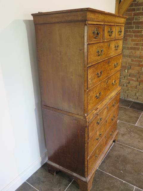 A George 1st walnut chest on chest with three small drawers, over a brushing slide and three further - Image 3 of 12
