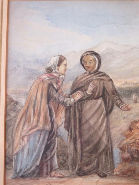 A 19th century style oil on board in a gilt frame, 60cm x 50cm and a watercolour of a religious - Image 4 of 5