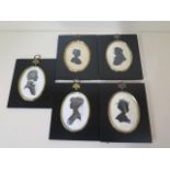 Five assorted silhouettes, frames 15cm x 13cm, all good some fly under glass