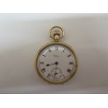 A 9ct yellow gold cased Waltham top wind pocket watch, 5cm wide, dent to side of case, dial good and
