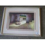 Paul Dawson watercolour, Sow and litter in barn, in a distressed silver frame, 53cm x 67cm, in
