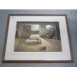 Paul Dawson watercolour, Sow and piglets in a barn, in an oak effect frame, 64cm x 74cm, some knocks