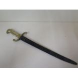 A 19th century hanger short sword with brass hilt, marked 76.A.4.31. with W and Crown 72 to blade,