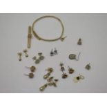 An assorted lot of earrings, part watch chain and broken bangle