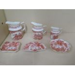 A set of three graduating Royal Crown Derby Red Aves jugs, tallest 12 cm, and three side dishes, all