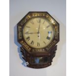 A 19th century 8 day rosewood brass inlaid drop dial wall clock with fusee movement, 10" dial,