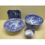 Four Copeland Spode blue and white pottery pieces decorated in the 'Italian' pattern comprising a