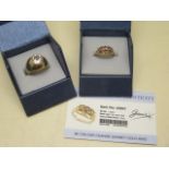 Two GTV 9ct yellow gold rings, one with 3 colour change garnets with certificate, size N, the