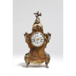 A French Vernis Martin style mantel timepiece, the eight day brass drum movement with a platform