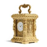 A late 19th century French ormolu miniature carriage timepiece, the eight day brass movement with