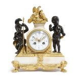 A late 19th century French marble and ormolu mantel clock, the eight day brass drum movement