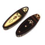 An early 19th century wood and bone inlaid snuff box, circa 1820, oval navette form, inlaid with