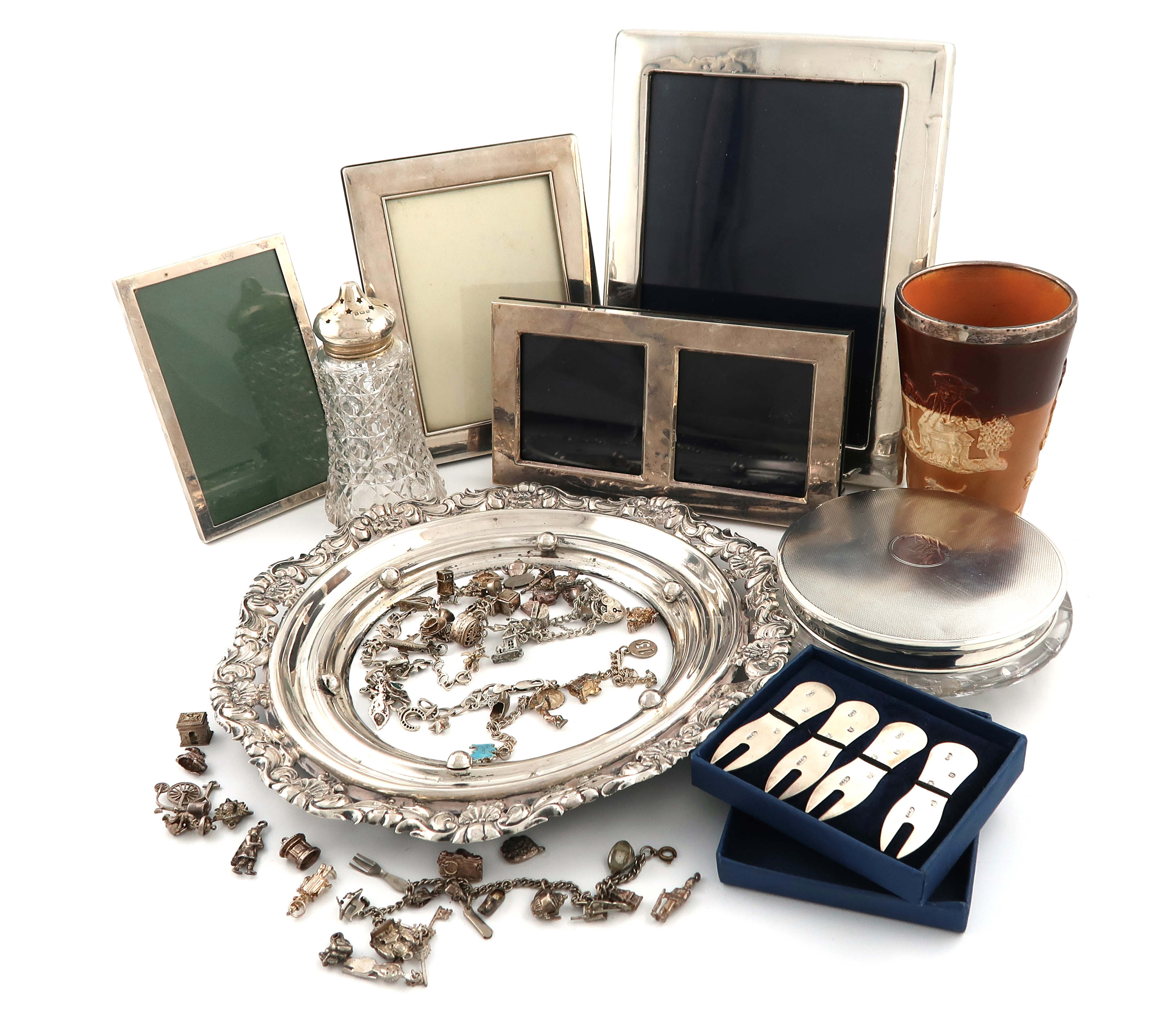 A mixed lot of silver items, various dates and makers, comprising: a silver-mounted Doulton