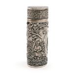 A 19th century Chinese silver case, marked with a P, oval cylindrical form, with figures in forest
