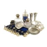 A mixed lot of silver items, various dates and makers, comprising: a pair of Victorian vases, by