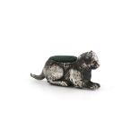 A novelty silver cat pin cushion, by W J Myatt & Co, Birmingham 1911, modelled in a lying