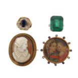 A Victorian shell cameo brooch, within Etruscan Revival gold frame, a circular gold portrait