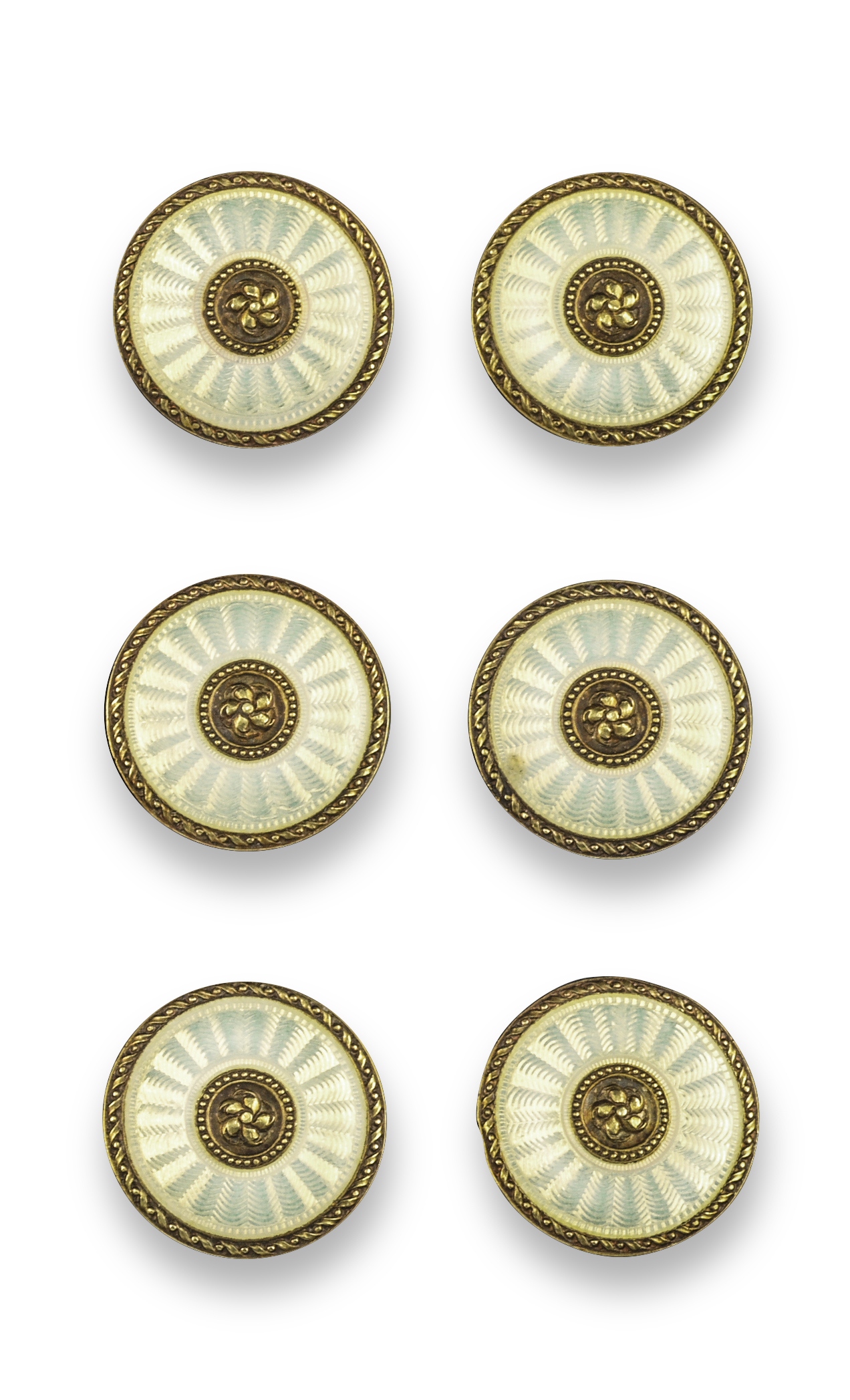 A set of six late 19th century French enamel gold buttons, each circular gold button with a